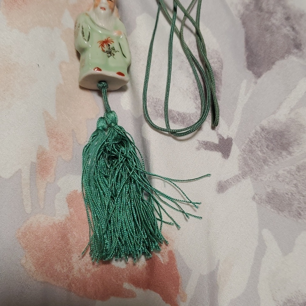 Green Luck God Fukurokuju Ceramic Pendant Necklace - Picture 2 of 8